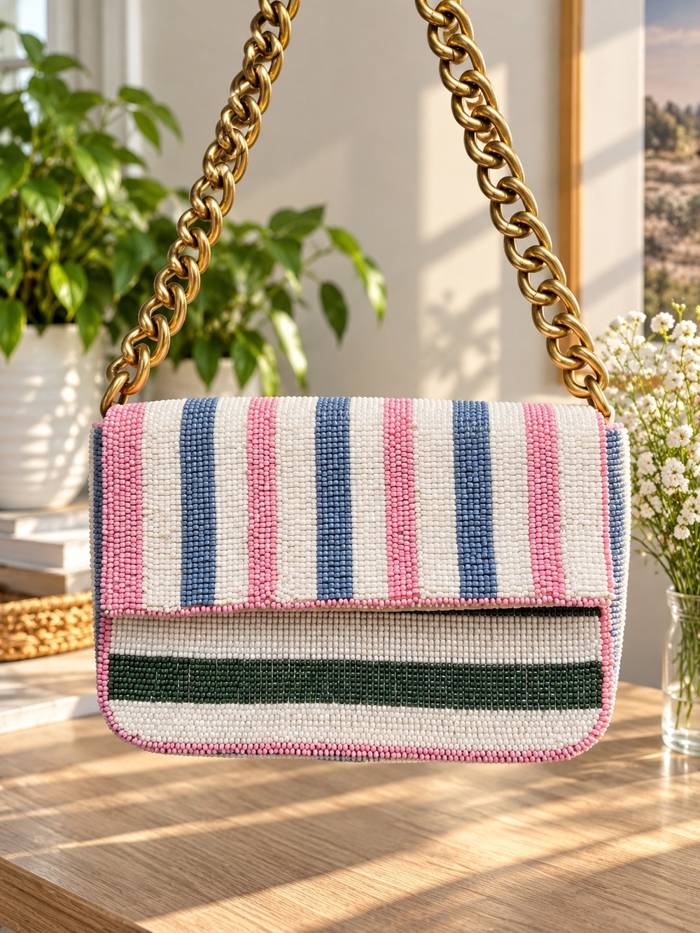 NWT Pastel Multi Stripe Beaded Shoulder Bag - Gold Chain Strap